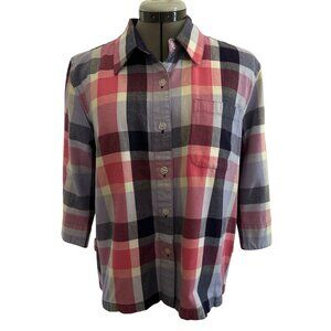 Vtg Christopher & Banks Womens Plaid Cotton Button-Up Shirt 3/4 Sleeves Medium